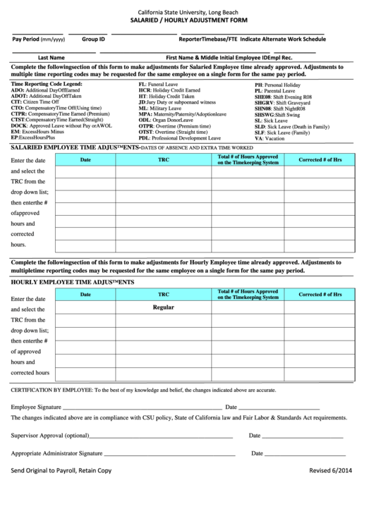 Fillable Salaried / Hourly Adjustment Form Printable pdf