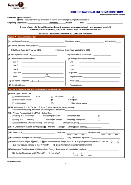 Fillable Form Fnif - Foreign National Information Form Printable pdf