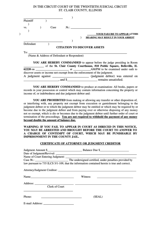 Fillable Citation To Discover Assets - St. Clair County, Illinois Circuit Court Printable pdf