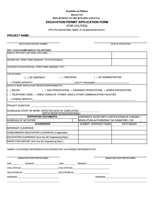 Excavation Permit Application Form For Utilities - Department Of The Building Official Printable pdf
