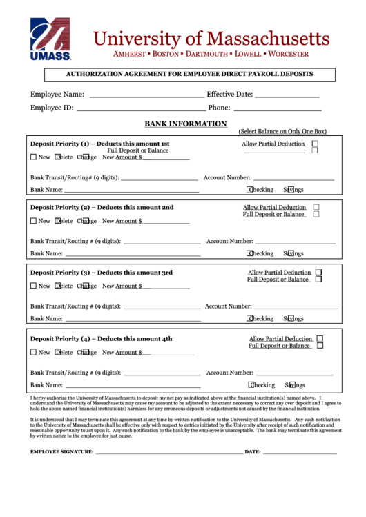 Fillable Authorization Agreement For Employee Direct Payroll Deposits Form Printable pdf