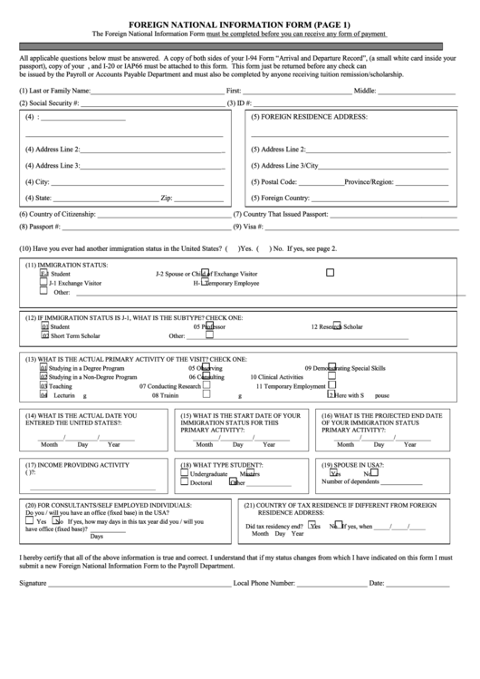 Foreign National Information Form - Us Department Of Homeland Security Printable pdf