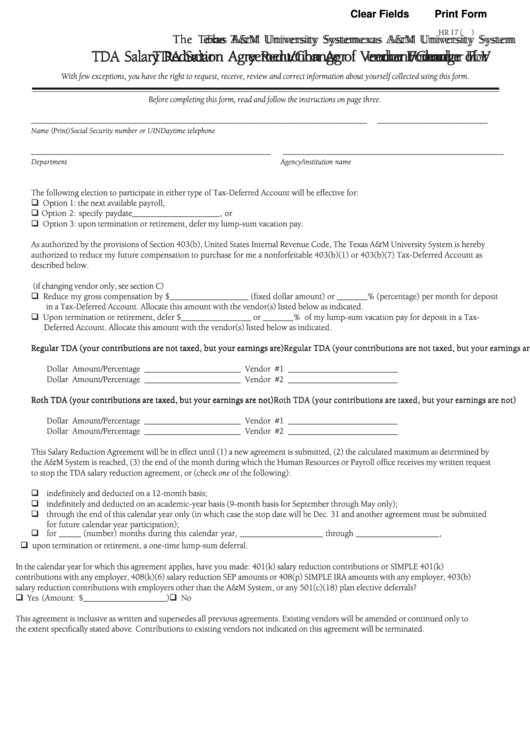 Fillable Form Hr 17 - Tda Salary Reduction Agreement/change Of Vendor Form Printable pdf