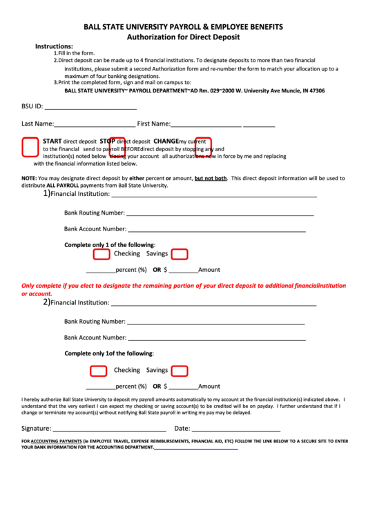 Fillable Direct Deposit Authorization Form printable pdf download