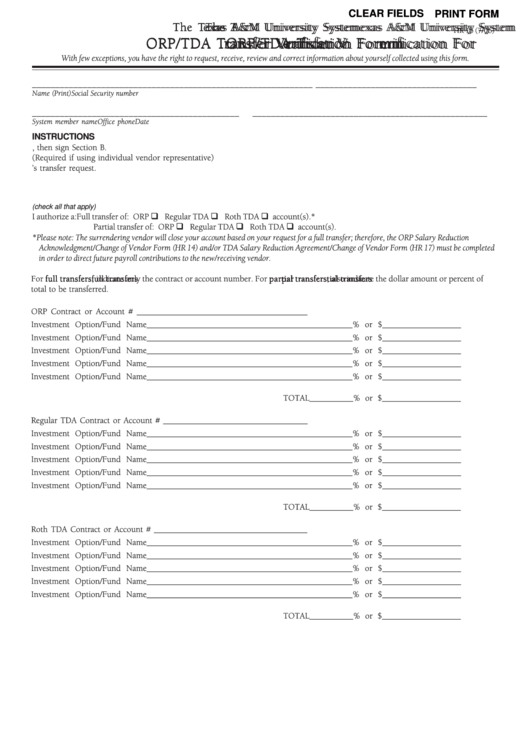 Fillable Form Hr 16 - Orp/tda Transfer Verification Form Printable pdf