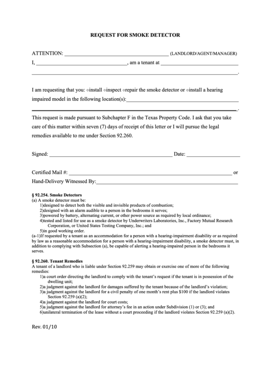 Request For Smoke Detector Form Printable pdf