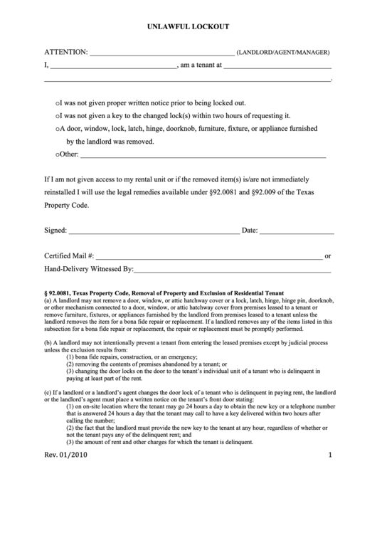 Unlawful Lockout Form Printable pdf