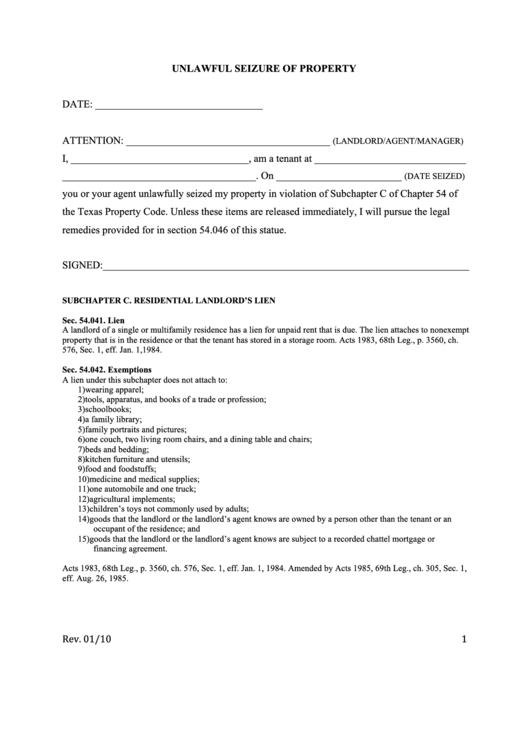 Unlawful Seizure Of Property Form - Texas Printable pdf