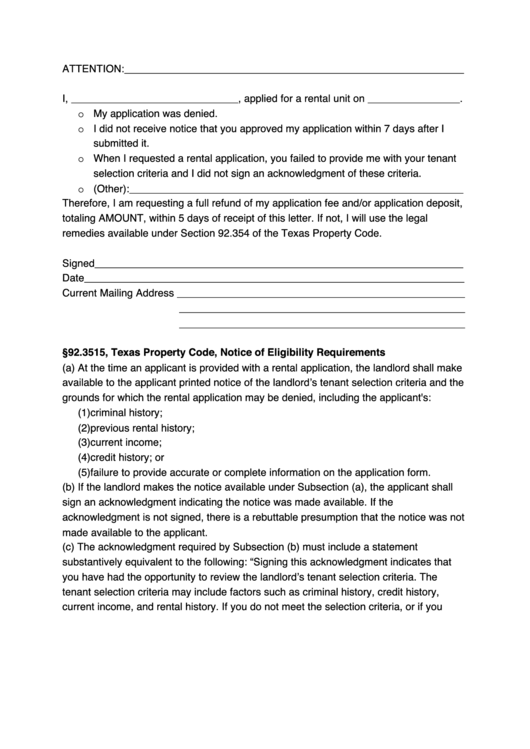 Application Deposit Refund Demand Letter Template - Texas Printable pdf