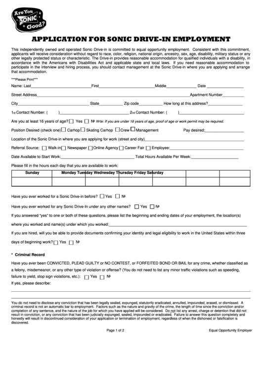 Application For Sonic DriveIn Employment Form printable pdf download