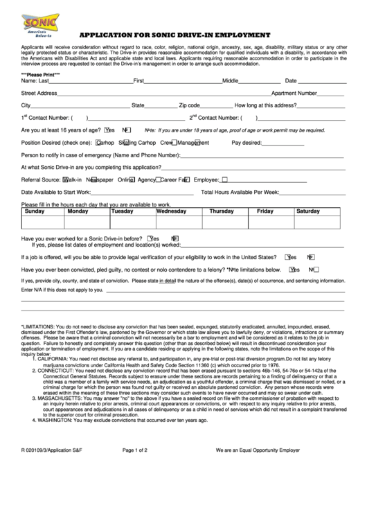 Fillable Application For Sonic Drive-In Employment Form Printable pdf