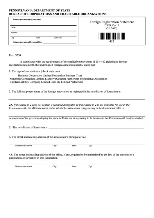 Fillable Form Dscb:15-412 - Foreign Registration Statement Template - Pennsylvania Department Of State Bureau Of Corporations And Charitable Organizations Printable pdf