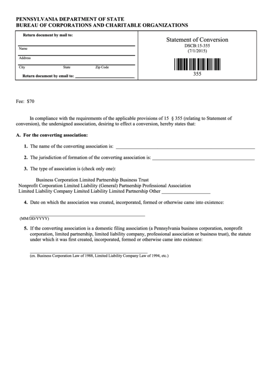 Fillable Form Dscb:15-355 - Statement Of Conversion Printable pdf