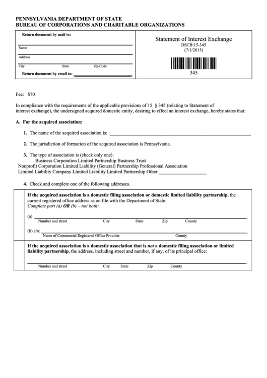 Fillable Form Dscb:15-345 - Statement Of Interest Exchange Printable pdf