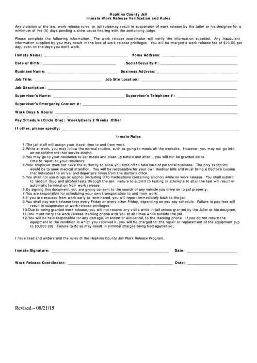 Inmate Work Release Form