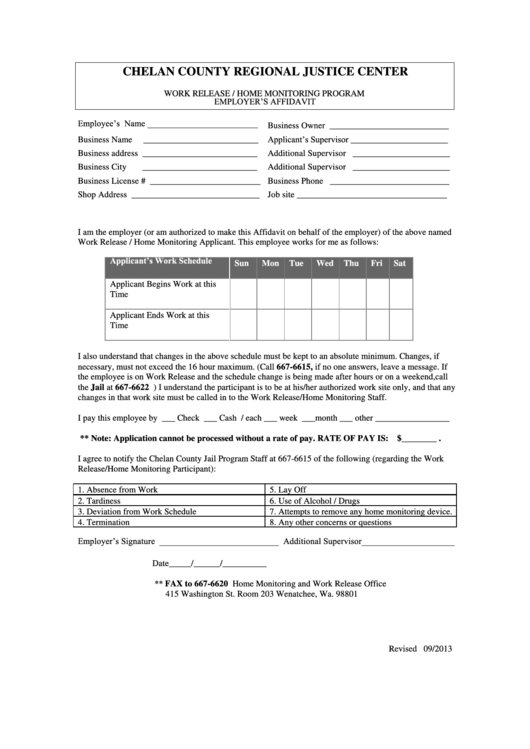 Work Release / Home Monitoring Program Employer's Affidavit Form