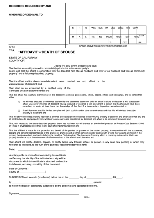 Fillable Death Of Spouse Affidavit Form - State Of California Printable pdf