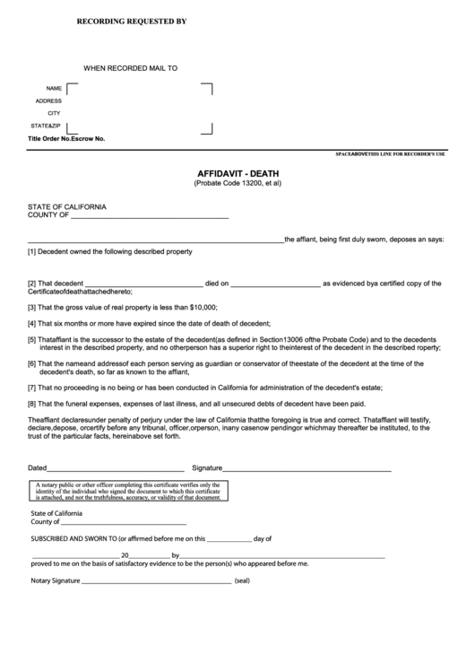 Fillable Affidavit Of Death Form - State Of California Printable pdf