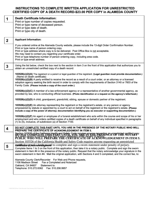 Application For Unrestricted Certified Copy Of A Death Record Form - Alameda County