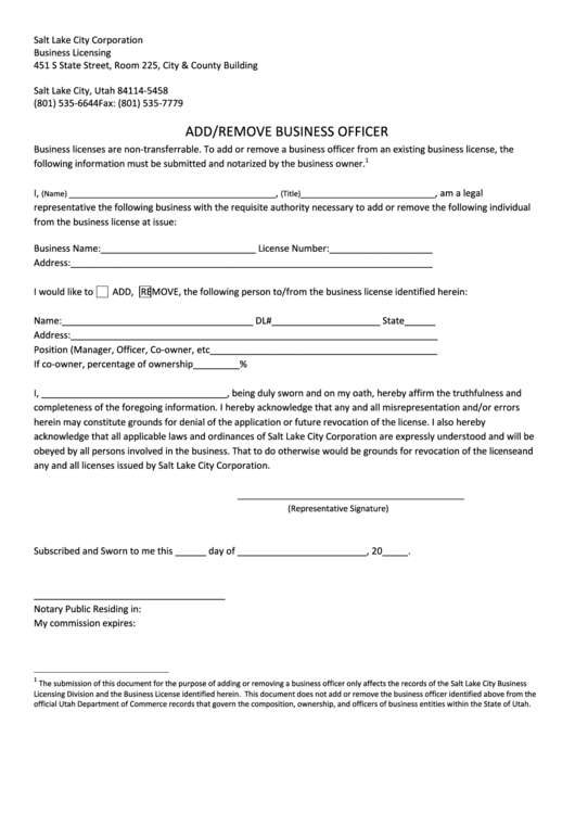 Add/remove Business Officer Form - Salt Lake City Corporation Business Licensing Printable pdf