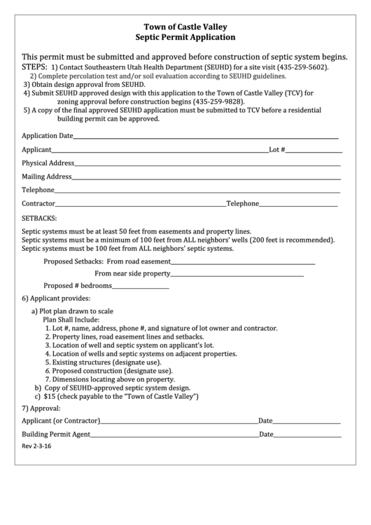 Septic Permit Application Form Printable pdf