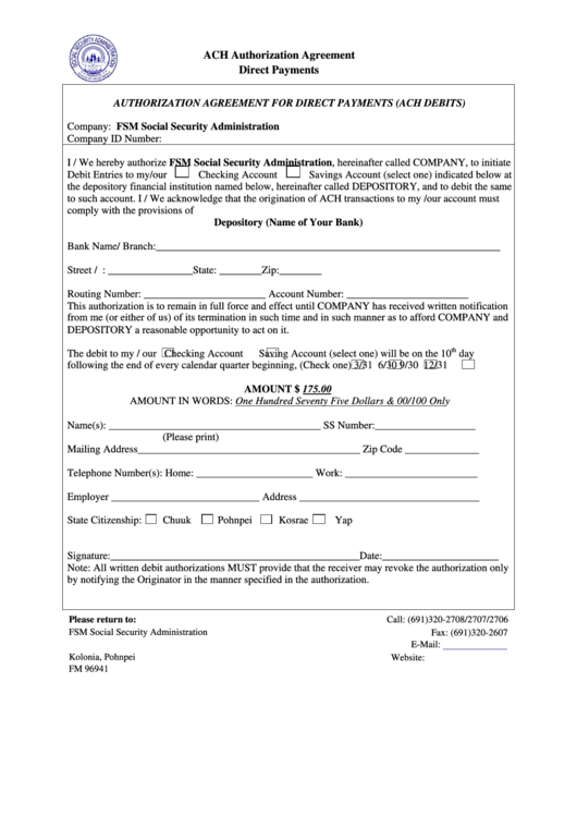 Ach Authorization Agreement For Citizen Working Abroad On Voluntary Contributions Form - Fsm Social Security Administration Printable pdf