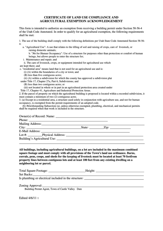 Certificate Of Land Use Compliance Form Printable pdf
