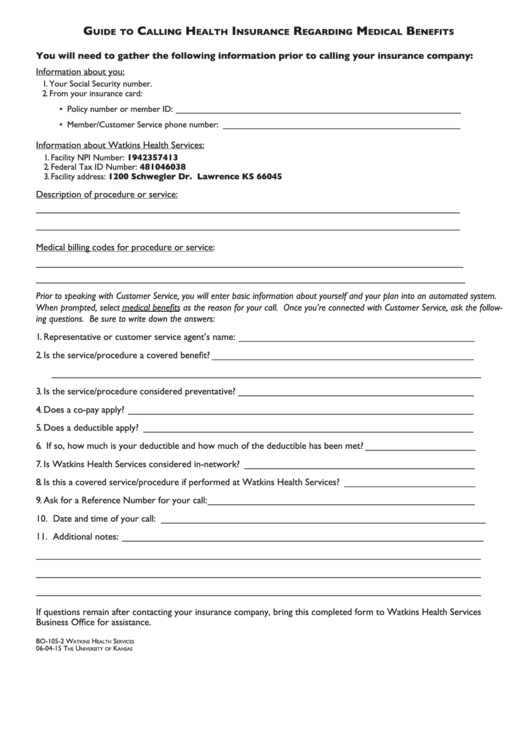 Guide To Calling Health Insurance Regarding Medical Benefits Form - Watkins Health Services Printable pdf