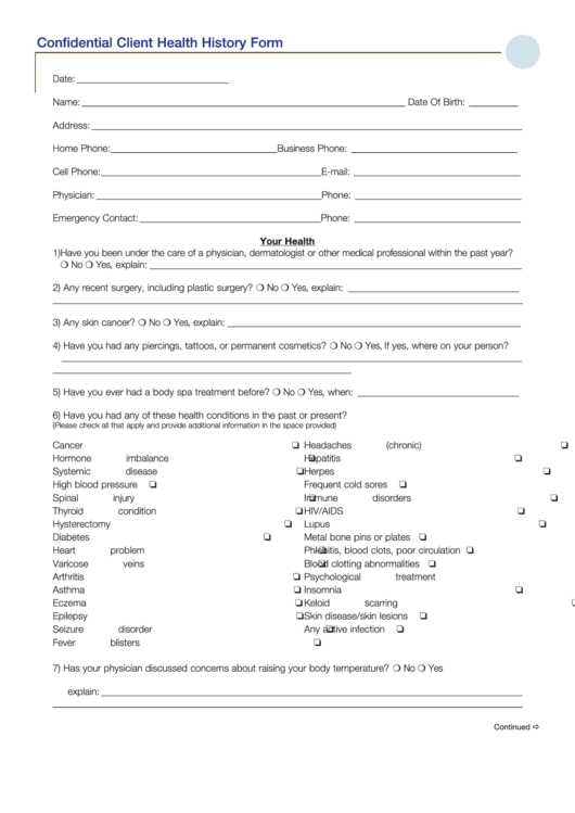 Confidential Client Health History Form Printable pdf