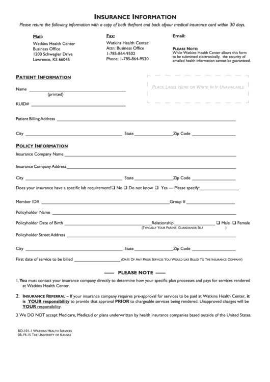 Insurance Information Form - Watkins Health Center Printable pdf