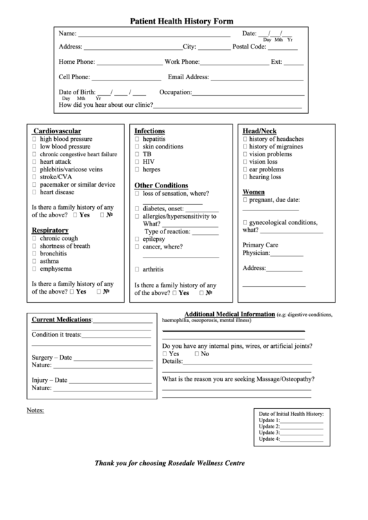 Patient Health History Form Printable pdf