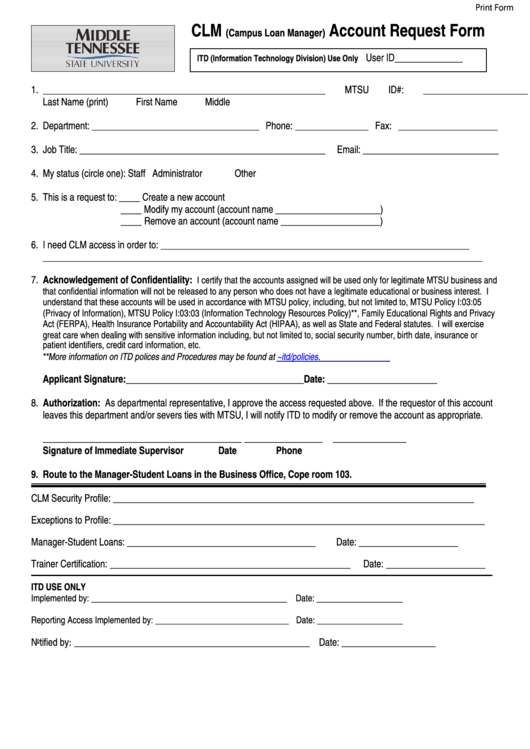 Fillable Clm Account Request Form - Middle Tennessee State University Printable pdf