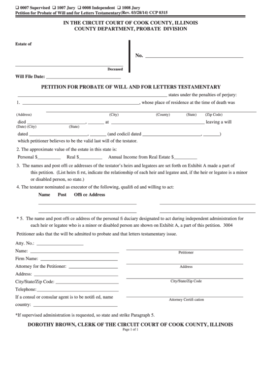 Fillable Petition Form For Probate Of Will And For Letters Testamentary - Court Of Cook County, Illinois Printable pdf
