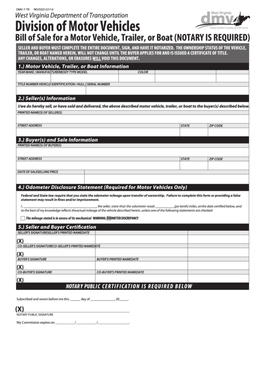Fillable Form Dmv-7-Tr - Bill Of Sale For A Motor Vehicle, Trailer, Or Boat Printable pdf