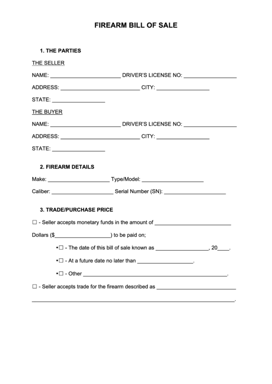 Fillable Firearm Bill Of Sale Form Printable pdf