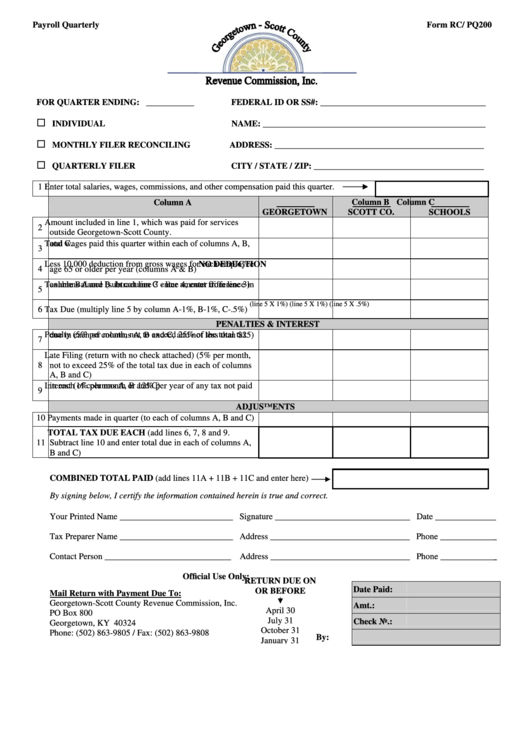 Form Rc/ Pq200 Payroll Quarterly - Georgetown-Scott County Revenue Commission, Inc. Printable pdf