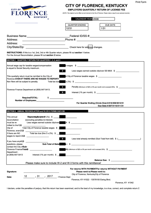 Employers Quarterly Return Of License Fee Form - City Of Florence, Kentucky