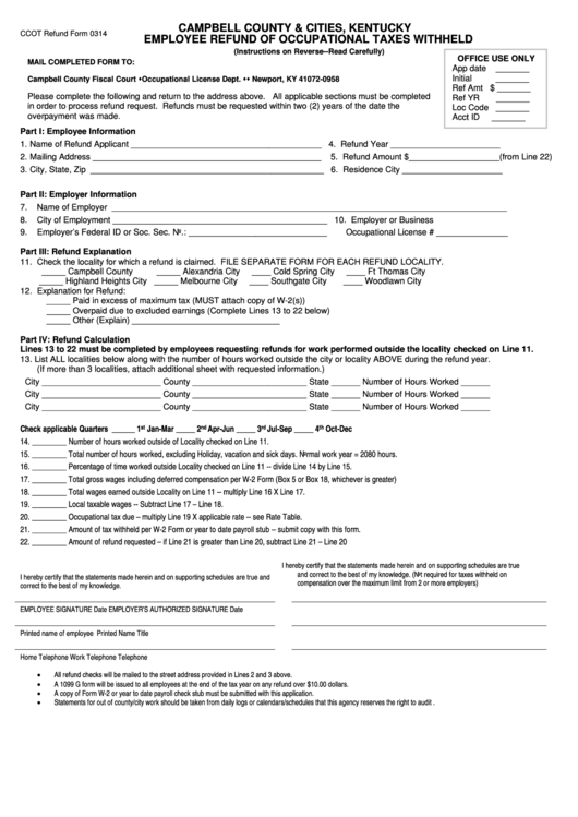 Ccot Refund Form 0314 Employee Refund Of Occupational Taxes Withheld - Campbell County & Cities, Kentucky - 2014 Printable pdf