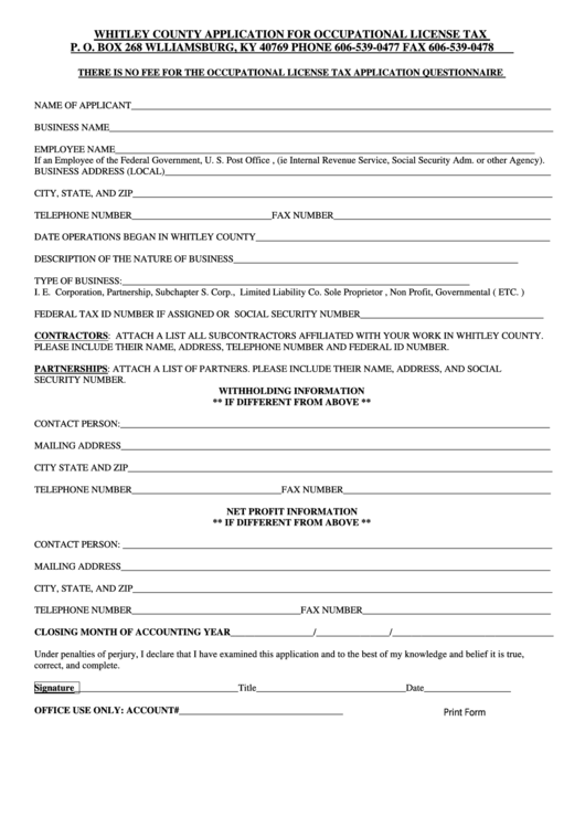 Fillable Whitley County Application For Occupational License Tax Form Printable pdf