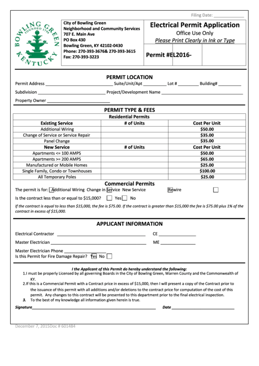 Fillable Electrical Permit Application Form - City Of Bowling Green Printable pdf