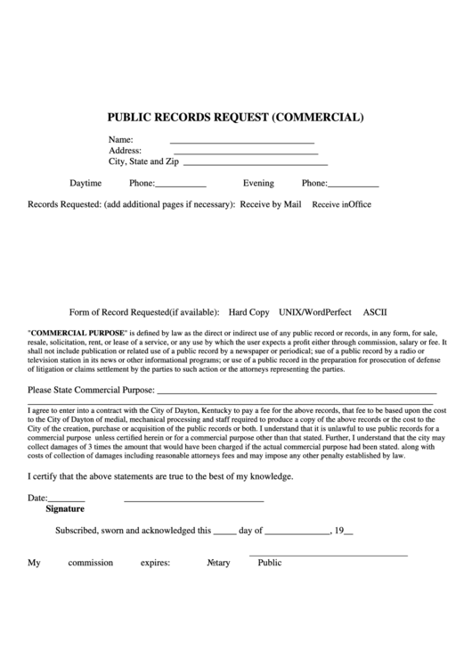 Public Records Request (Commercial) Form - City Of Dayton, Kentucky Printable pdf
