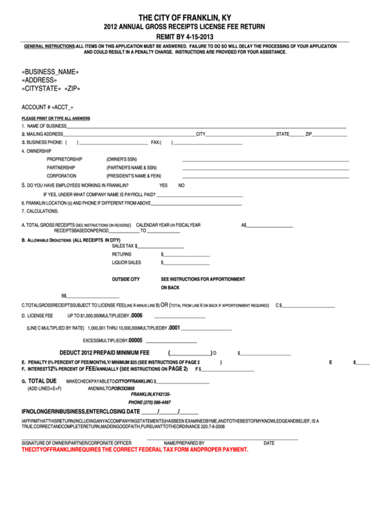 Annual Gross Receipts License Fee Return - City Of Franklin, Ky - 2012 Printable pdf