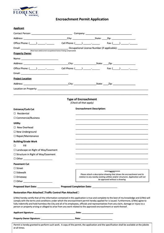 Encroachment Permit Application Form Florence, Kentucky Printable pdf