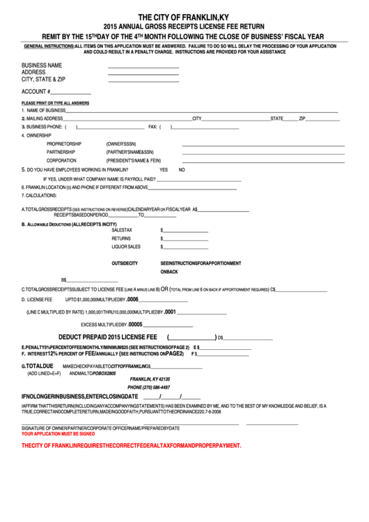 Fillable Annual Gross Receipts License Fee Return - City Of Franklin, Ky - 2015 Printable pdf