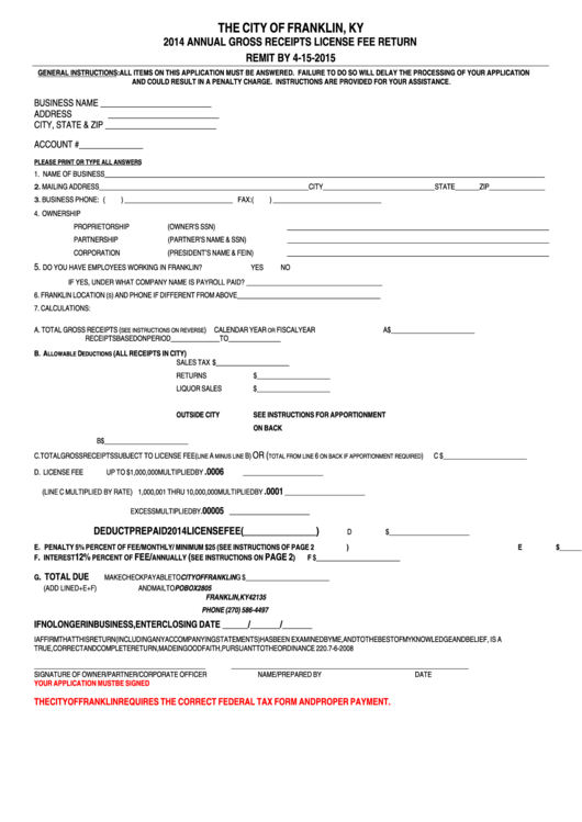 Fillable Annual Gross Receipts License Fee Return - City Of Franklin, Ky - 2014 Printable pdf