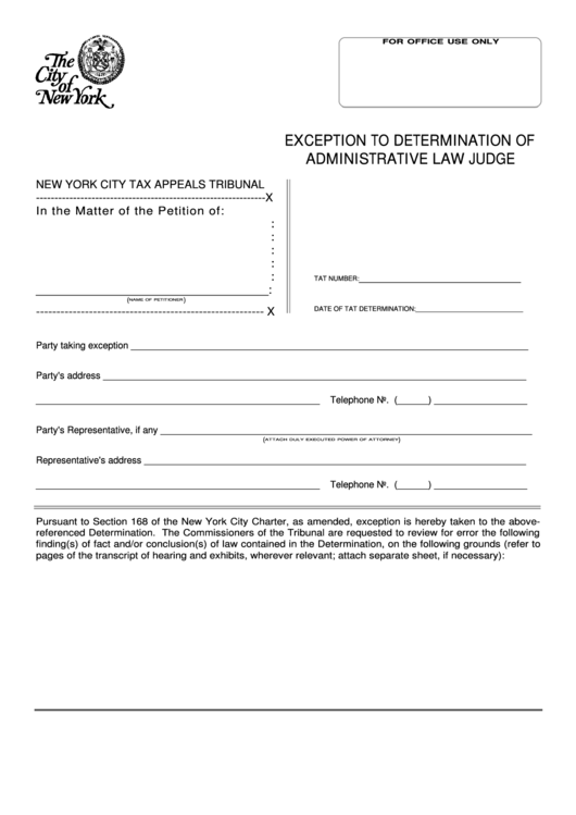 Fillable Exception Form To Determination Of Administrative Law Judge - Nyc Printable pdf