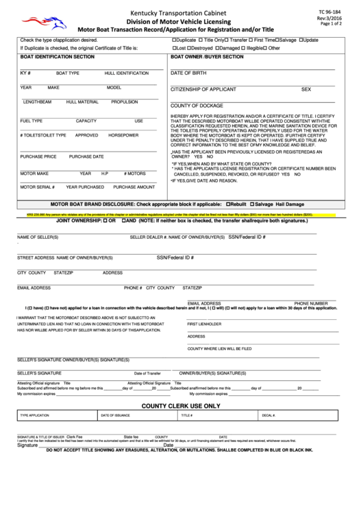 Fillable Form Tc96-184 - Motor Boat Transaction Record/application For Registration And/or Title Printable pdf