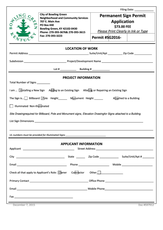 Fillable Permanent Sign Permit Application Form - City Of Bowling Green Printable pdf