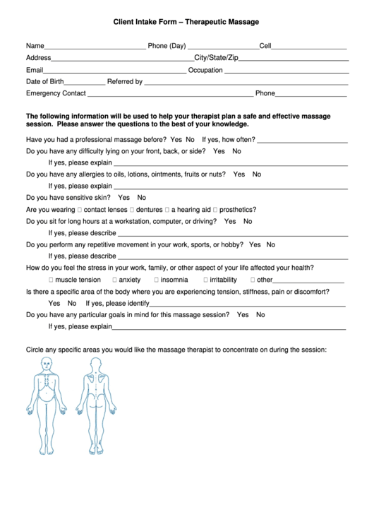 Therapeutic Massage Client Intake Form Printable pdf