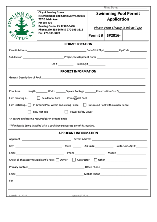 Fillable Swimming Pool Permit Application Form - City Of Bowling Green Printable pdf